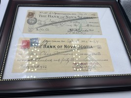 Framed 1921/1932 Bank Of NOVA SCOTIA Canceled Cheques with post stamps - £87.08 GBP