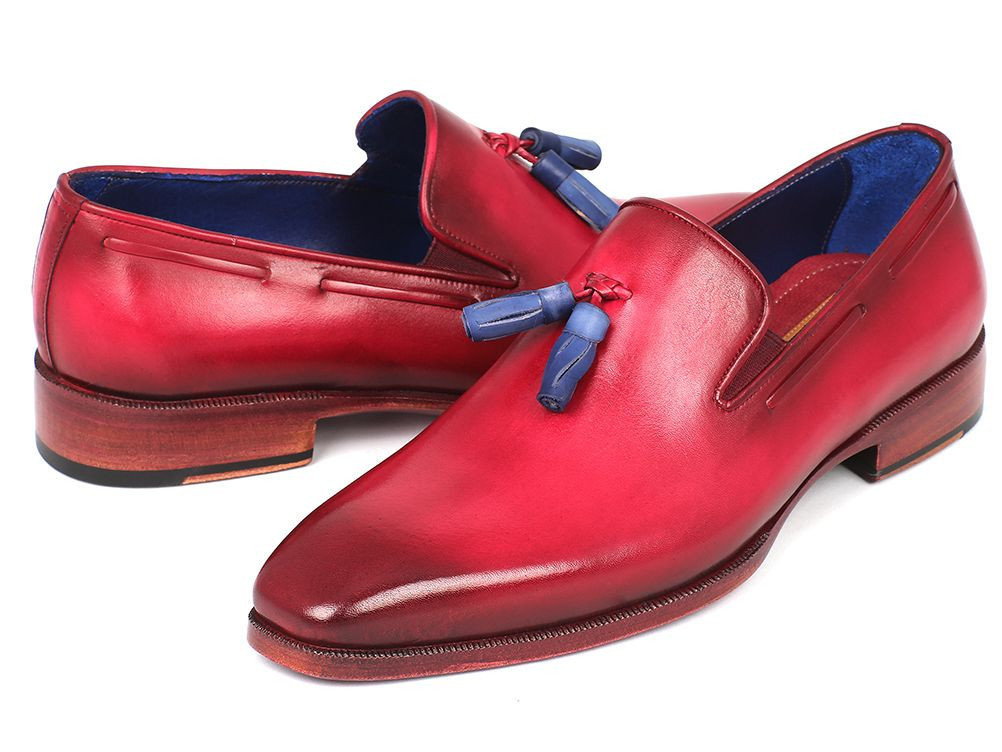 New Burnished Toe Maroon Red Premium Leather Tassel Loafer Slip Ons Handmade Sho