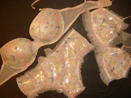 Victoria&#39;s Secret 36C Bra Set+Panty+Bralette Sequined Pink Yellow Floral Ruffled - £94.67 GBP