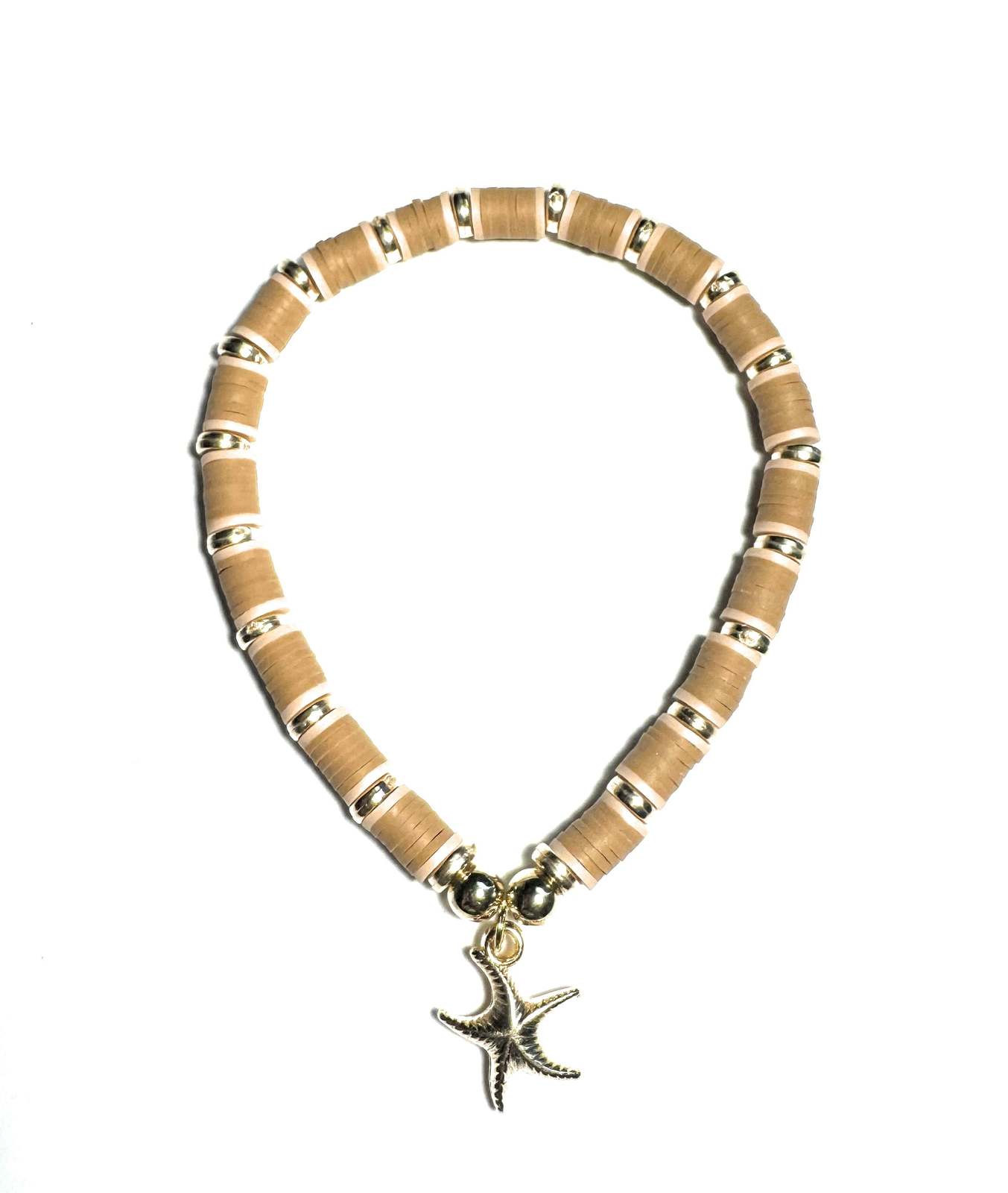 Heishi Beaded Stretch Anklet with Starfish Charm, Tan and Gold, Beach Style - $5.99