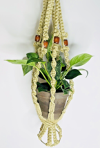 Macrame Plant Hanger Woven White Wood Beads 36&quot; Long Vintage BOHO MCM - £19.25 GBP