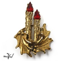 Vintage Glowing Gold Candles w Holly Leaves Holiday Christmas Pin - 2&quot; - Hey Viv - £12.58 GBP