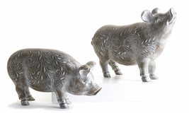 Pig Figurines Washed Brown Set of 2 Standing 10&quot; Long Farm White Leaf Detailing - £50.83 GBP