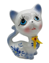 Sweet Vtg Blue Eye Cat Kitten White Figurine Anthropomorphic Mid Century Ceramic - £36.69 GBP