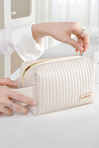Beige Stitching PU Leather Round Zipped Side Handle Makeup Bag - $7.11