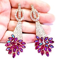 Pink Drop Earrings, Bridesmaid Rhinestone Earrings, 3.4 Inch Pageant Jewelry, Cr - £28.51 GBP