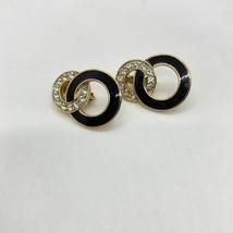 Vintage Trifari Clip On Earrings Black Enamel Clear Crystal Gold Tone Si... - £15.31 GBP