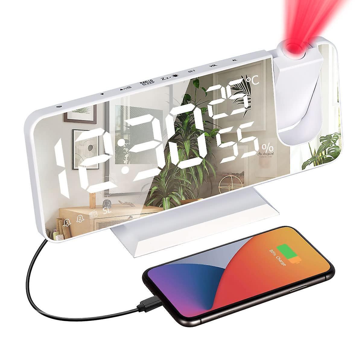Projection Alarm Clock Digital Radio Alarm Clock With Mirror Surface Usb Charger - £28.48 GBP