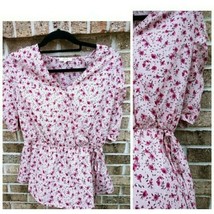 Pleione Blouse Womans Small V Neck Pink Floral Flowy Summer - £14.09 GBP
