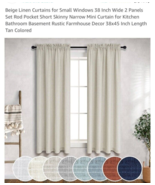 Beige Curtains for Small Windows 38 Inch Wide 2 Panels Set Rod 38x45 Linen - €11,02 EUR