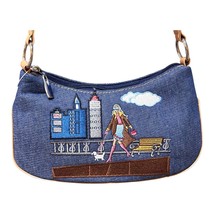 Frankie and Johnny Jean Denim Shoulder Bag Embroidered Cityscape Dog Wal... - $19.99