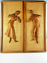 Pair Vtg Mid Century Carved Relief Teak Wall Art Man And Woman Dancers 24&quot;x10&quot; - £29.58 GBP