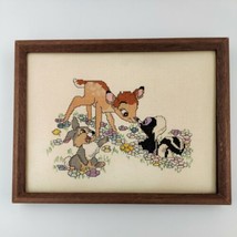 13&quot;X10&quot; 90s Wooden Framed Handmade Embroidered Disney Bambi Thumper Flower Art - £46.15 GBP