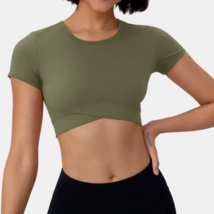 Women&#39;s S, Halara Cloudful Olive Crossover Waist Cropped Yoga Top - $12.99