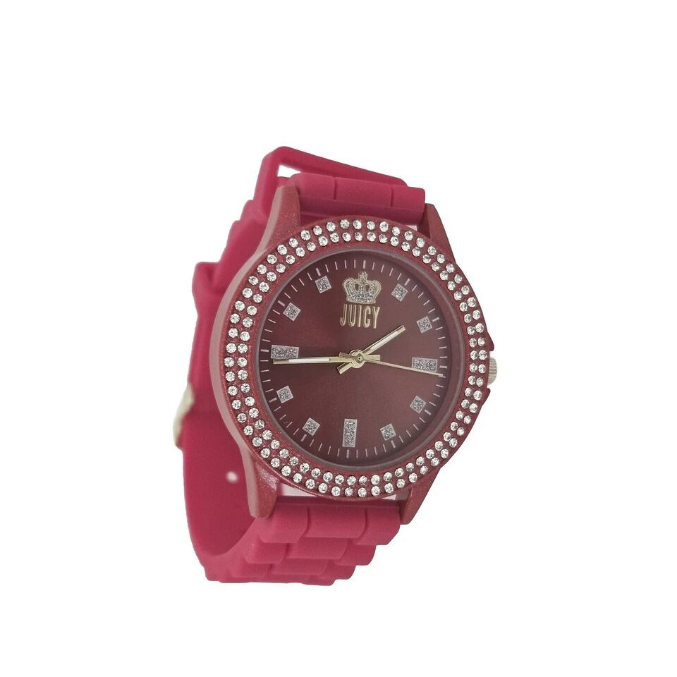 Juicy Couture Stainless Steel Rhinestone Watch Dark Pink Jelly Band 5026 - £21.17 GBP