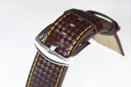 Genuine Cowhide Watchstrap Brown Carbon Fibre Pattern Yellow stitching 24mm Wide - £18.18 GBP