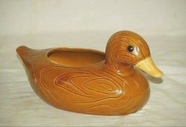 FTD 1979 Mallard Duck Planter Ceramic Bird Wooden Grain Golden Glaze Portugal - £33.62 GBP