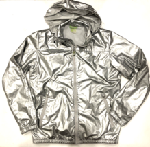 Koppen Windbreaker Jacket Womens Medium Silver Hood Hidden Zip Pocket Fu... - $34.53