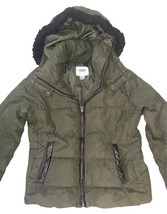 Old Navy Women’s Puffer Jacket Small Green Hooded Faux Fur Trim Winter Coat image 3
