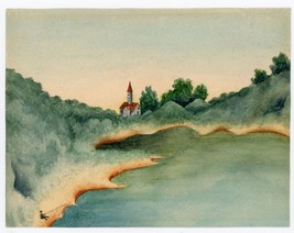 1903 Martha B Etchison Painting Hillside Church Lake Fishing Countryside - $247.49