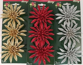 Christmas Ornament Glitter Poinsettia Clips 3.3" 3 Ct/Pk, Select: Gold Silver or - $2.99