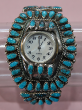 Vintage Navajo 1960s Turquoise Women&#39;s Sterling Silver Cluster Watch Bracelet - £696.75 GBP