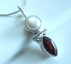 Cultured Pearl &amp; Faceted Garnet Marquise 925 Sterling Silver Pendant - £8.62 GBP