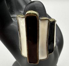 Ring Black and Cream Colored Enamel Inlay Bars Gold Tone Watch Band  S- 6.5-7.5 - £4.71 GBP