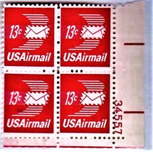 U S Stamp - 1973 Winged Envelope Airmail Plate Block Of 4 X 13 Cents Stamps - £1.76 GBP
