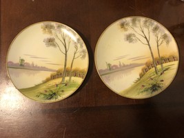 Vintage hand painted japan plates landscape lake side set of two 6.25&quot; g... - €38,38 EUR