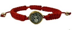 Red Saint St Benedict Bracelet 8&quot; Adjustable Cord Two Tone Medals Holy Card - £7.71 GBP