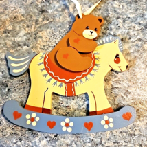 Vintage 1985 Hand Painted Teddy Bear on Rocking Horse Christmas Ornament Wood - £16.90 GBP