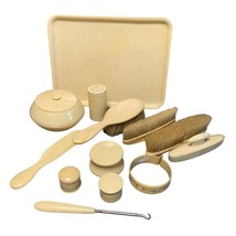 Vintage 13-Piece Ivory Celluloid Vanity Set with Brushes Jars &amp; Tray - £25.62 GBP