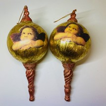 Christmas Ornament Set Of 2 Victorian Balls With Stems And Cherubs Vintage - £38.76 GBP