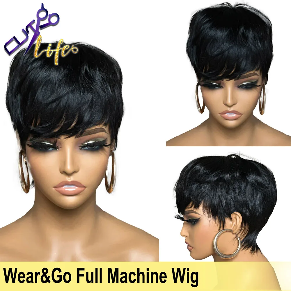 Short Wavy Bob Pixie Cut Wig Glueless Full Machine Made No Lace  Brazilian Hum - £41.33 GBP+