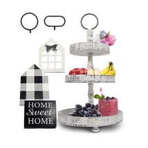Adjustable 3 Tiered Tray Stand With Farmhouse Decor, White Tiered Tray D... - $92.99