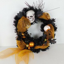 Halloween Black Wreath 15&quot; Orange Green Spider Skull Eyeball Mesh Ribbon Balls - £37.88 GBP