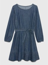 New GAP Women Indigo Blue Belted Cotton Denim Long Sleeve Flounce Mini D... - £35.04 GBP