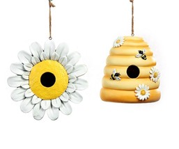 Daisy Beehive Bird House Set of 2 Hanging Yellow White Bee 7.5" High Poly Stone