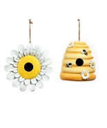 Daisy Beehive Bird House Set of 2 Hanging Yellow White Bee 7.5&quot; High Pol... - £33.91 GBP