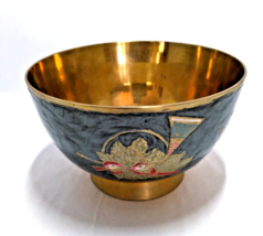 Vintage Cloisonne Enamel Brass Round Bowl Bugle Horn &amp; Holly 5.5 &quot; x 3.25&quot; India - £27.59 GBP