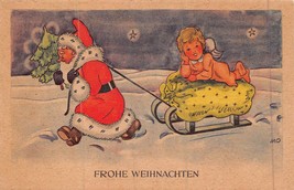 Frohe WEIHNACHTEN-RED Suit Santa Pulls Cherub Sled Bed~Merry Christmas Postcard - £8.82 GBP
