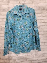 Lands End Womens No Iron Supima Cotton Floral Blouse Sz 12 Blue Long Sleeve - $19.99