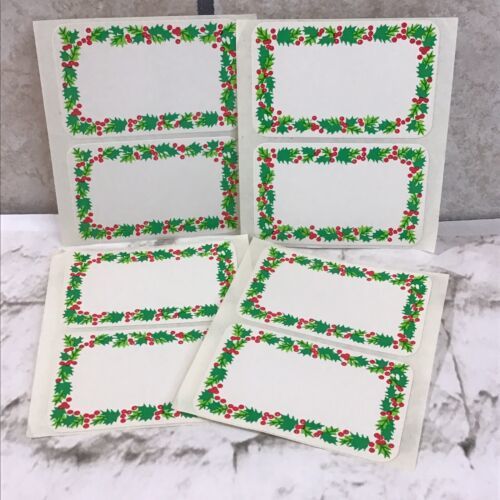 Primary image for Vintage Christmas Holiday Label Stickers Lot Of 8 Red Green Holly Borders 