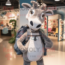 Gray Giraffe mascot costume character dressed with a Henley Shirt and Backpacks - £974.25 GBP