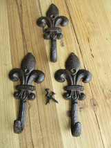 3 Cast Iron Fleur De Lis Coat Hooks Hook Hall Tree Hat Dog Leash Fluer French  - £11.80 GBP