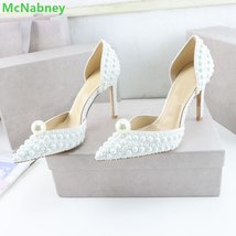 New Pearl Pointed Toe Pumps For Women White Luxury Designer Shallow Thin High He - £210.88 GBP
