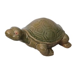 Vintage Glazed Pottery Turtle Green Brown Figurine  - £12.29 GBP