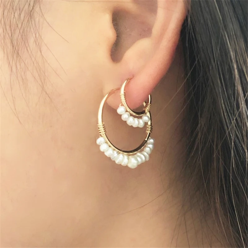 Gold Filled Hoop Earrings Natural Pearl Jewelry 20MM/30Gold Hoop Earrings Brinco - £42.49 GBP