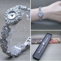 Silver Black Vintage Style Marcasite Crystal Women Jewelry Bracelet Watch LM06 - £21.29 GBP